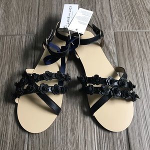 NWT Janie and Jack Black Leather Flower Sandals